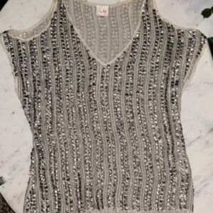 PARKER sz XS gorgeous, cold shoulder, silver sequin blouse DRAPEY, sexy, cool